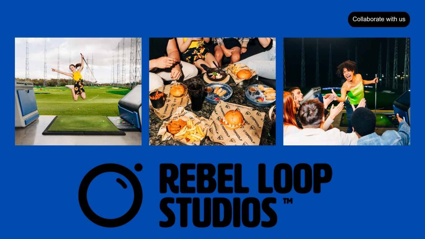 Collage of three Rebel Loop Studios scenes: person jumping on a golf range, friends sharing burgers and fries, and a cheering crowd around a player on a course, with a 'Collaborate with us' CTA on blue background.